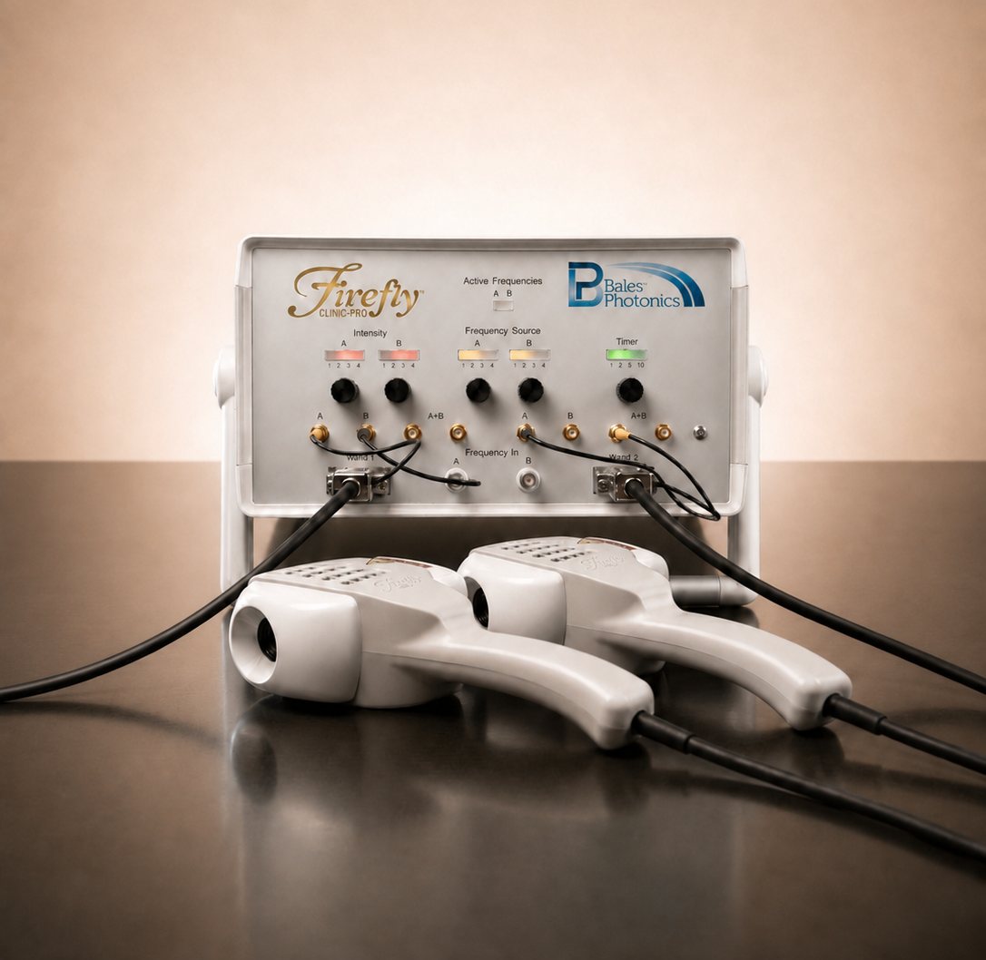 The Firefly Clinic Pro by Bales Photonics: the control unit with intensity, frequency and timer dials, and its two light wands