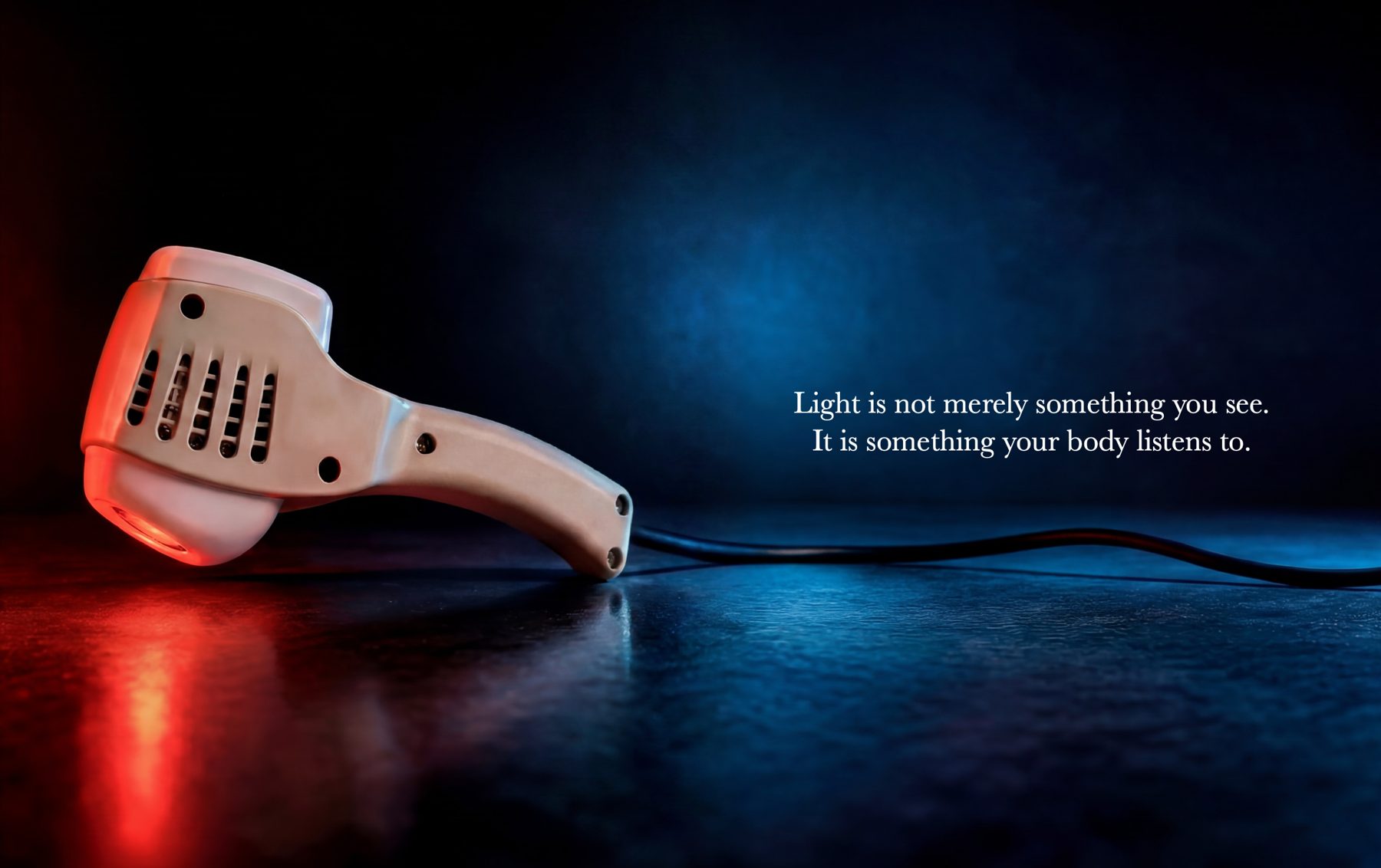 The Firefly wand glowing red on a dark surface. Light is not merely something you see. It is something your body listens to.