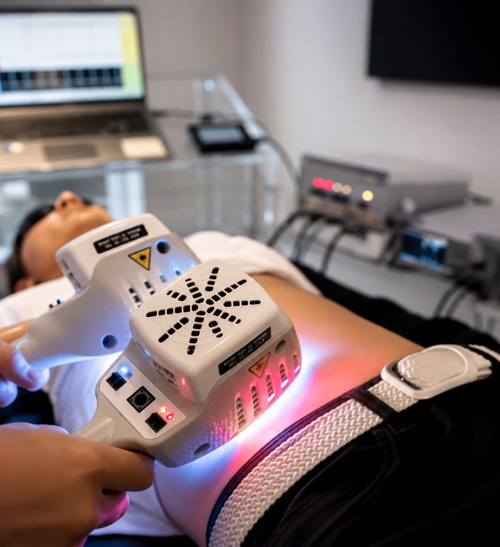 A practitioner holds the Firefly wand over a client's abdomen during a session, the light glowing red